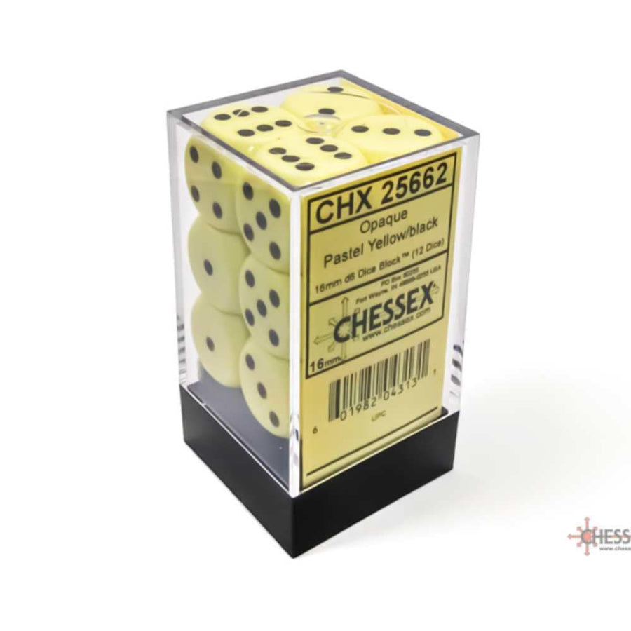 Chessex - 12D6 Opaques jaunes pastel/noirs Accessoires - Dés - Classiques