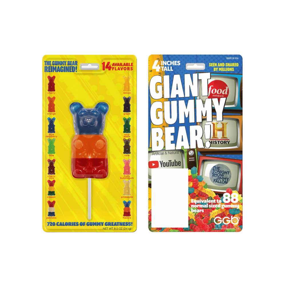 Gummy bear géant sur bâtonnet  - Gomme balloune fuitée, orange, et framboise bleue (241 g)
