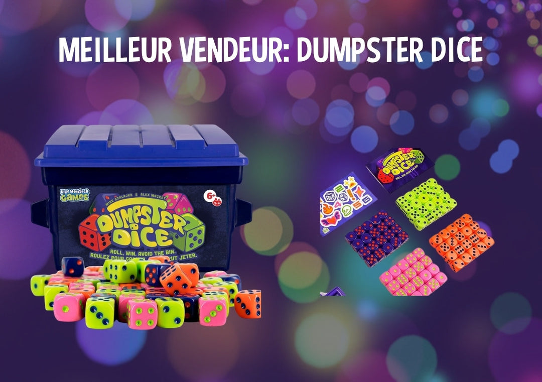 Meilleur vendeur: Dumpster Dice, la boîte et le contenu du jeu de dés familial