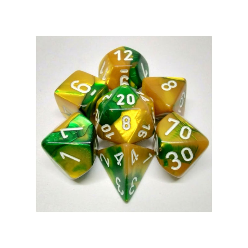 Dés Gemini: 7Pc Or-Vert / Blanc