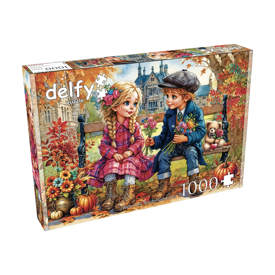 Image of 1000 piece puzzle Delfy brand by Jacarou of a boy and a girl sitting on a bench in an autumn scene.