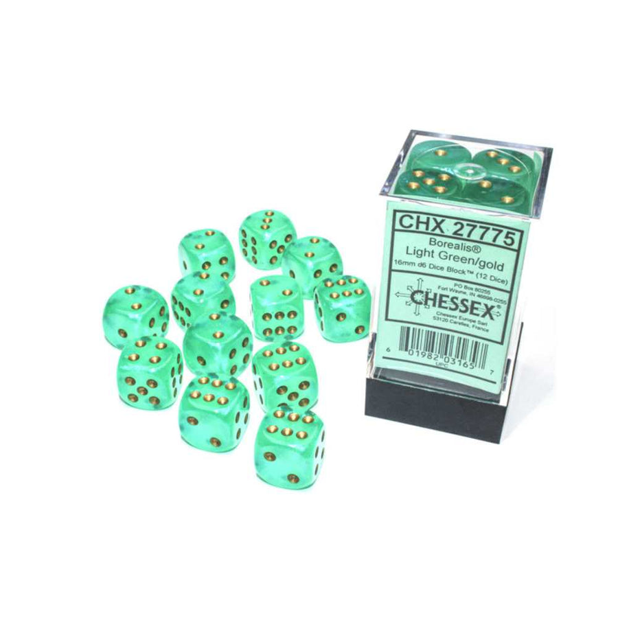 Dés Chessex Borealis: 12D6 Light Vert/Luminaire en or - Achat en ligne
