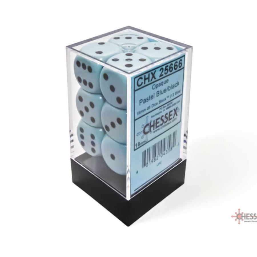 Dés Chessex - 12D6 Opaques bleus pastel/noirs - Achat en ligne