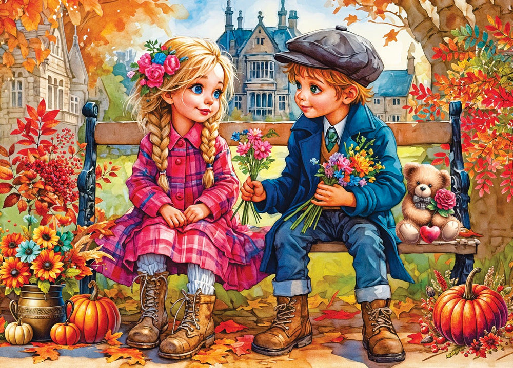 Image of 1000 piece puzzle Delfy brand by Jacarou of a boy and a girl sitting on a bench in an autumn scene.