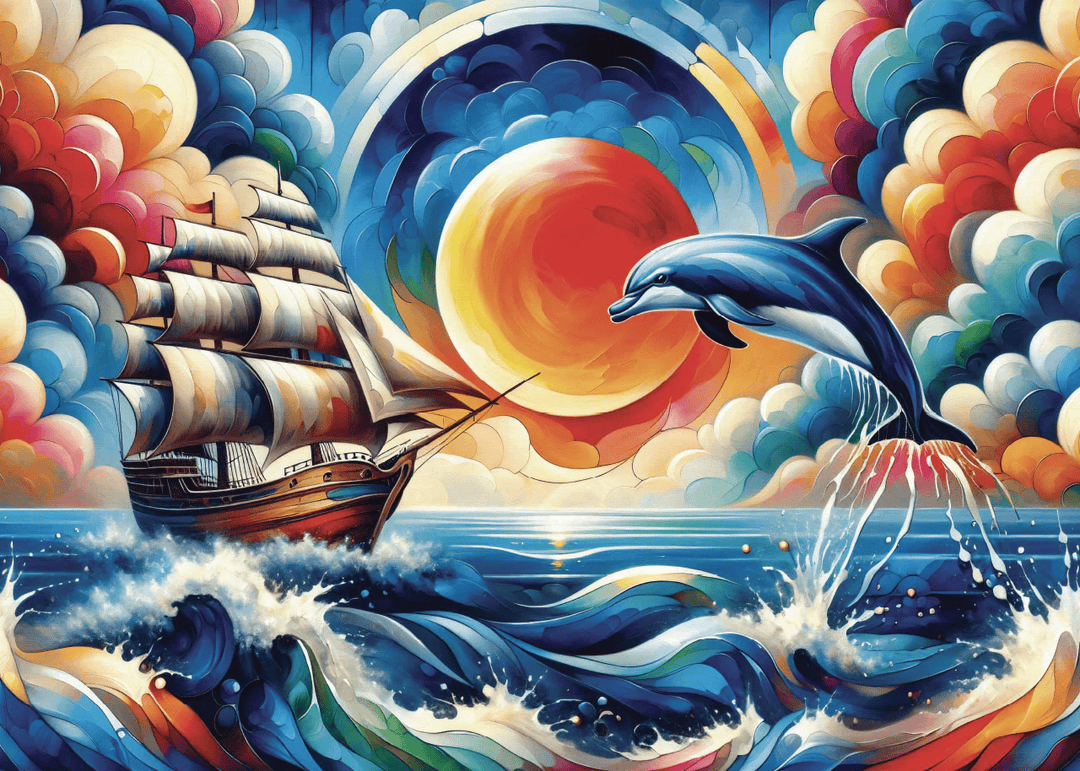 Un dauphin bondissant et un voilier majestueux se croisent au cœur d’un océan animé de vagues multicolores. Le soleil rayonne dans un ciel de spirales et de nuages chatoyants, donnant vie à une scène à la fois dynamique et féerique.