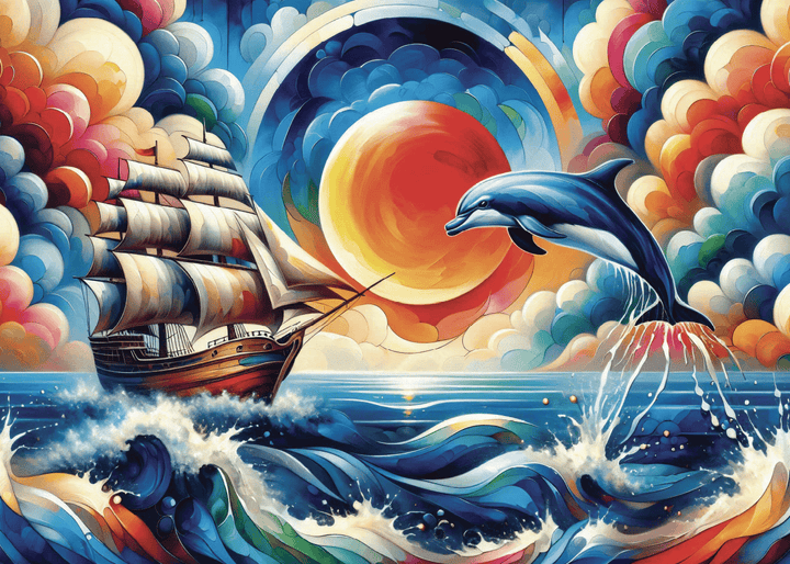 Un dauphin bondissant et un voilier majestueux se croisent au cœur d’un océan animé de vagues multicolores. Le soleil rayonne dans un ciel de spirales et de nuages chatoyants, donnant vie à une scène à la fois dynamique et féerique.
