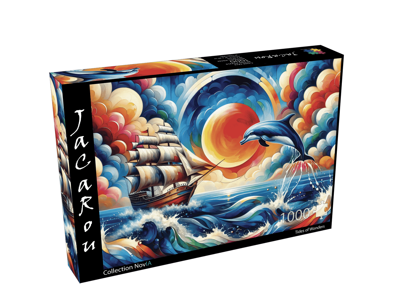 Un dauphin bondissant et un voilier majestueux se croisent au cœur d’un océan animé de vagues multicolores. Le soleil rayonne dans un ciel de spirales et de nuages chatoyants, donnant vie à une scène à la fois dynamique et féerique.