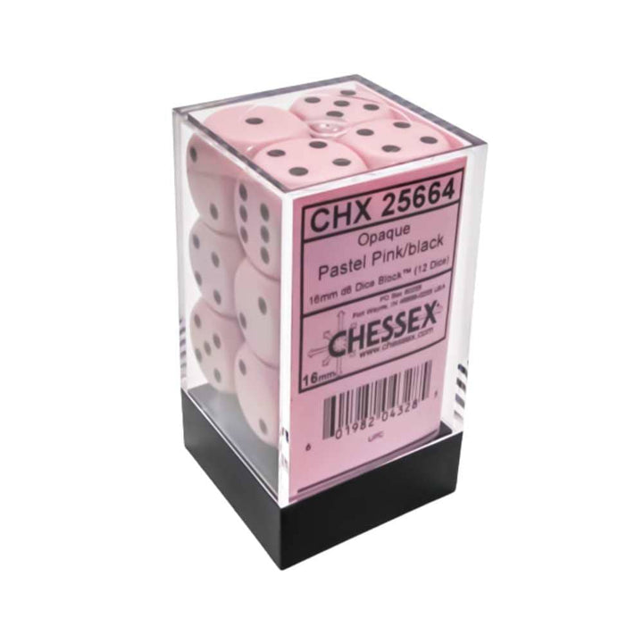Chessex - 12D6 Opaques roses pastel/noirs Accessoires - Dés - Classiques