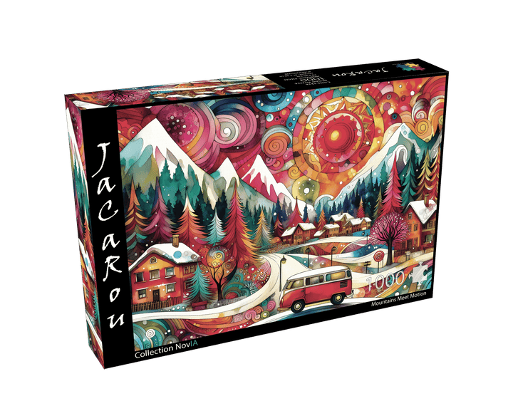 Un van rétro rouge traverse un village de montagne aux toits enneigés, sous un ciel tourbillonnant de formes et de couleurs. Les montagnes majestueuses se fondent dans une explosion d’énergie visuelle, où le mouvement et la lumière s’entremêlent.