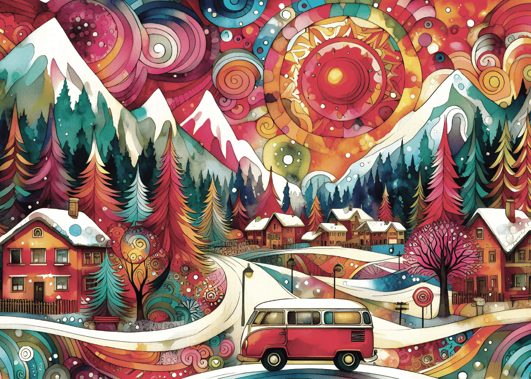 Un van rétro rouge traverse un village de montagne aux toits enneigés, sous un ciel tourbillonnant de formes et de couleurs. Les montagnes majestueuses se fondent dans une explosion d’énergie visuelle, où le mouvement et la lumière s’entremêlent.
