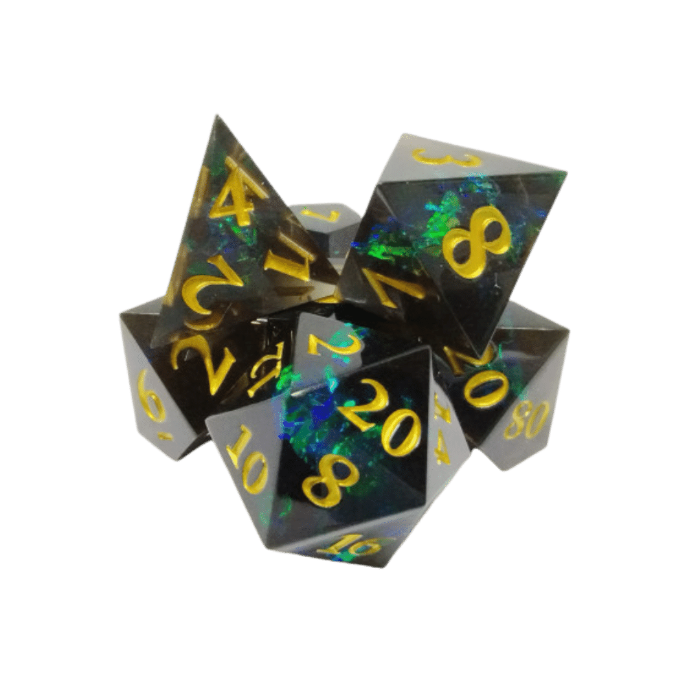 Ensemble de 7 dés - Acérés - Plasma chatoyant noir et or dans une boîte en métal