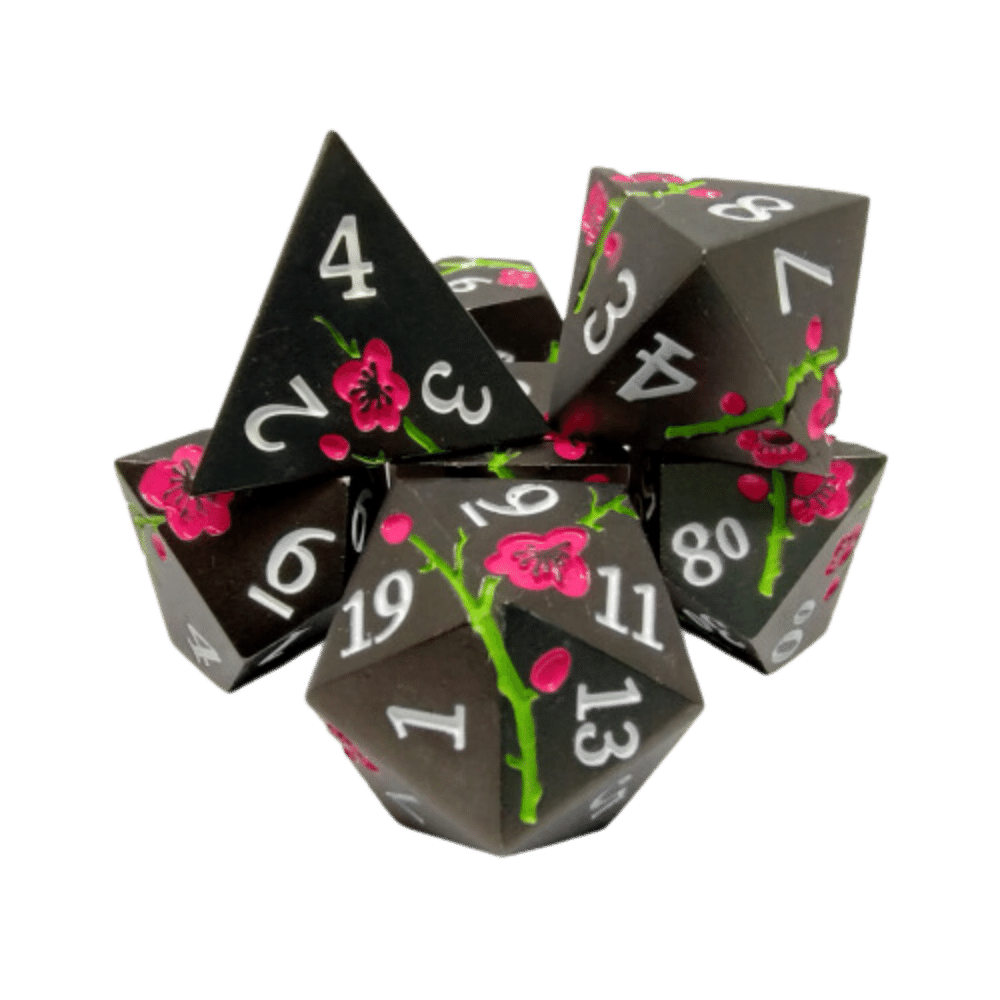 Ensemble de 7 dés en métal - Noir avec fleurs de prunier dans une boîte en métal