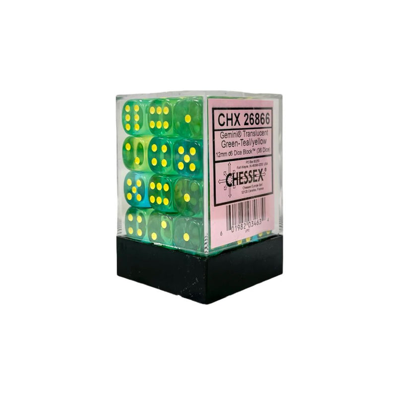 Gemini: 36D6 Translucent Green-Teal / Yellow Dice - Dés